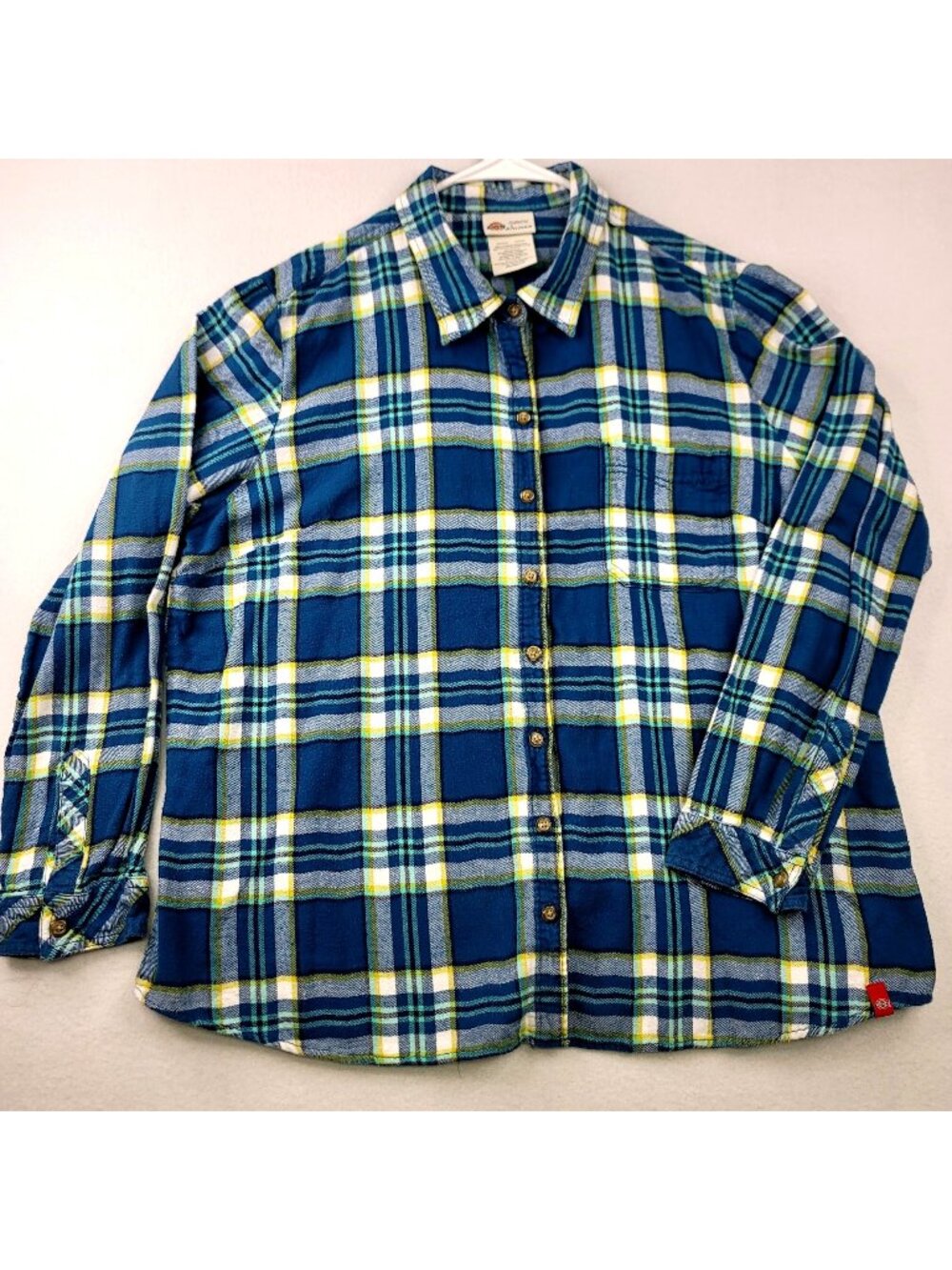Dickies Plaid Button-Up Long Sleeve Womens Flannel Shirt 1X Blue Yellow Country